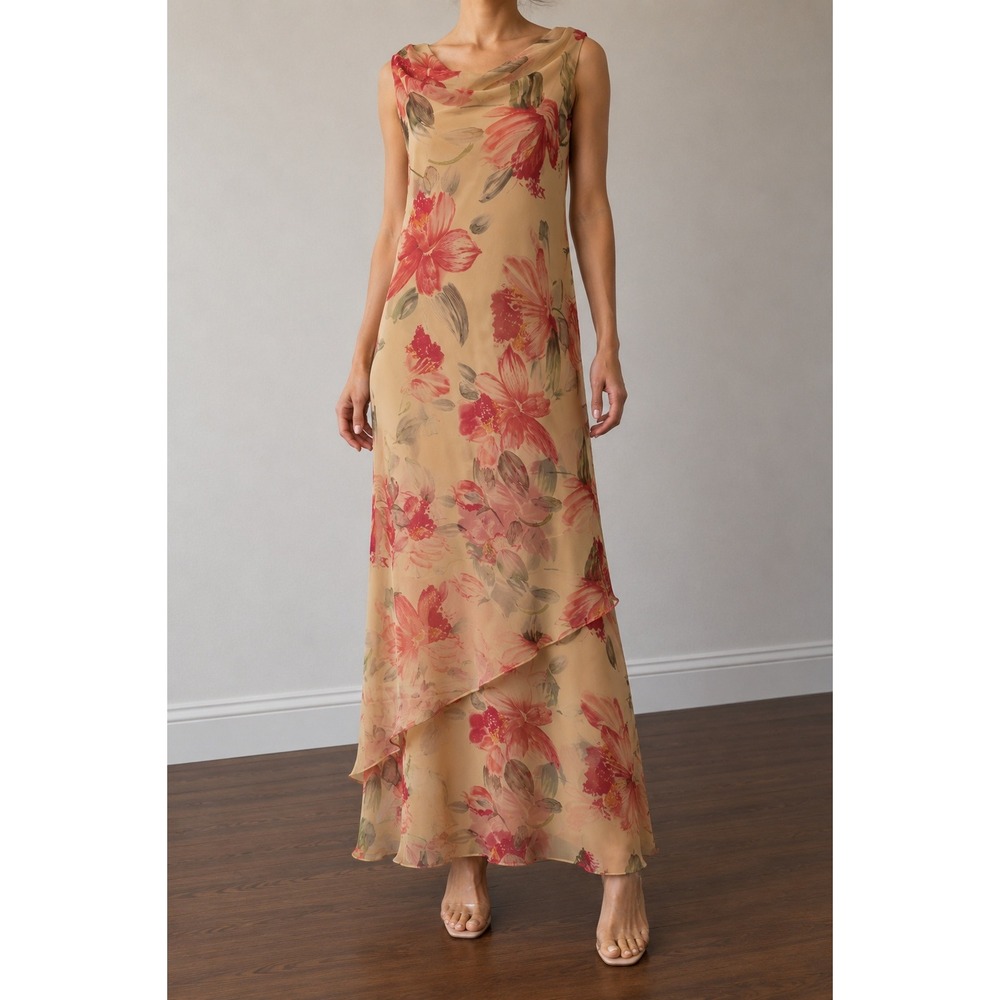 Vintage 90s Y2K Cowl Neck Maxi Dress Small Floral Chiffon Bias Asymmetric Fairy